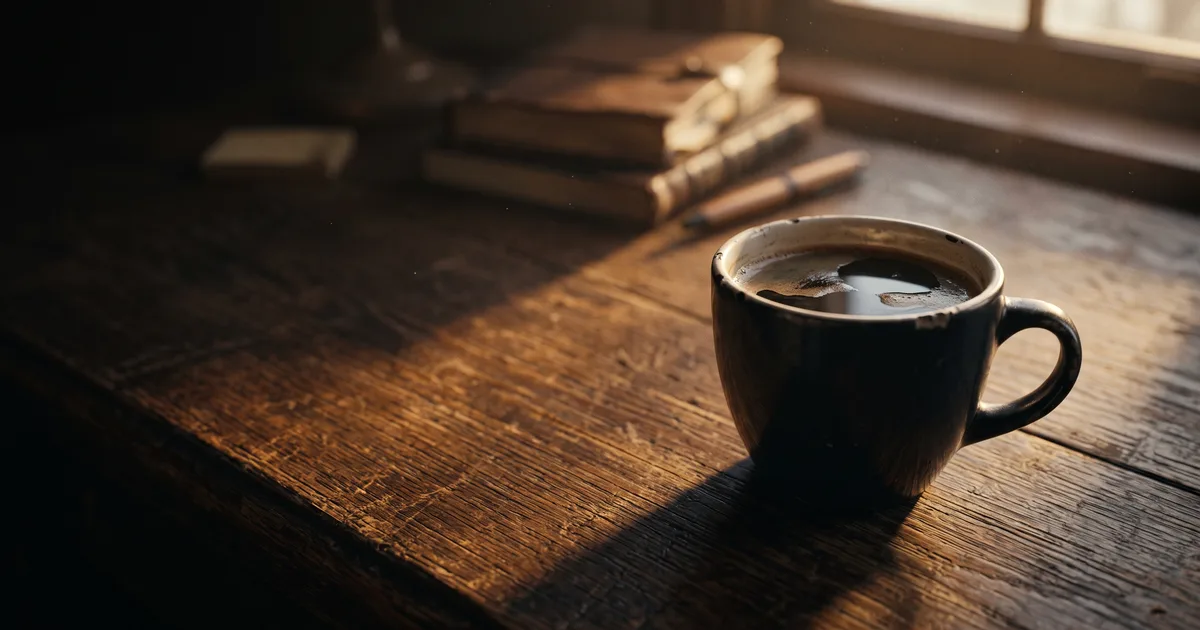 A cold, half-finished cup of black coffee on a worn oak desk in the raking light of late afternoon.