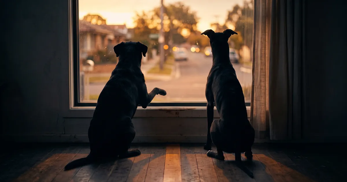 Two dogs at a suburban front window in late afternoon light, alert and watching the street.