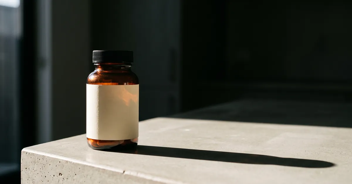 An unbranded amber glass supplement bottle with a completely blank label, standing alone on a pale concrete benchtop in hard morning light, casting one long shadow.