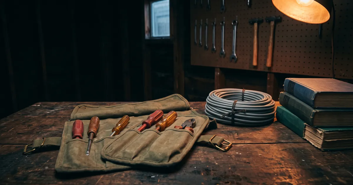 An electrician's canvas tool roll lying open on a worn timber workbench beside a coil of cable and a stack of well-thumbed hardback manuals, lit by a single warm work lamp.