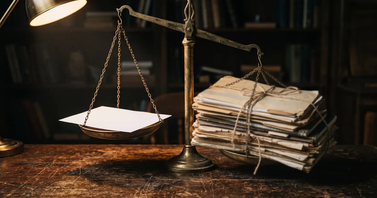 A pair of brass scales on a dark desk, one pan holding a single sheet of paper and the other holding a deep stack of worn folders and notebooks, lit by a low warm lamp.