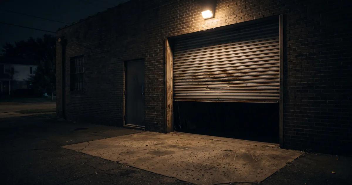 A steel roller loading door left half-open at night on a small brick business, lit by a single security lamp.