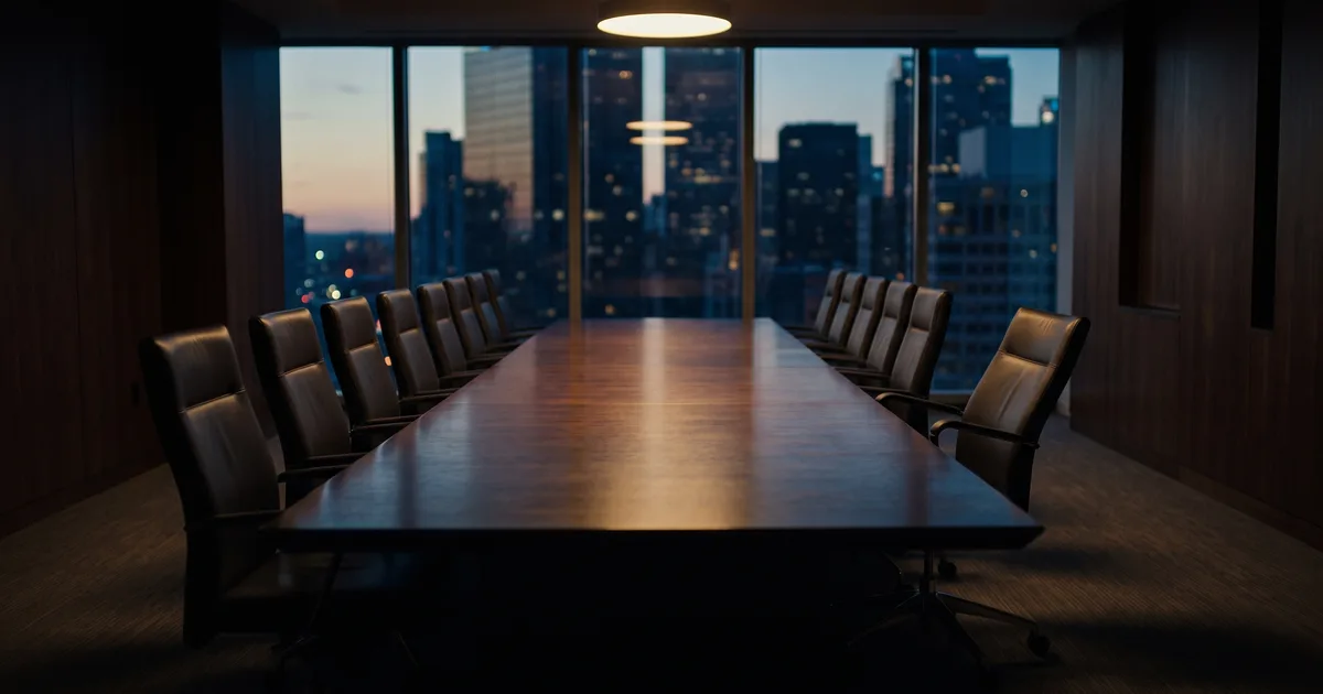 An empty boardroom at dusk - a long dark table and rows of empty chairs against a city skyline.